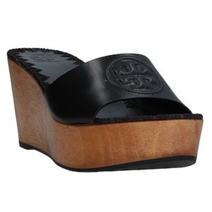 Tory Burch Leather and Wooden Wedge Sandals
